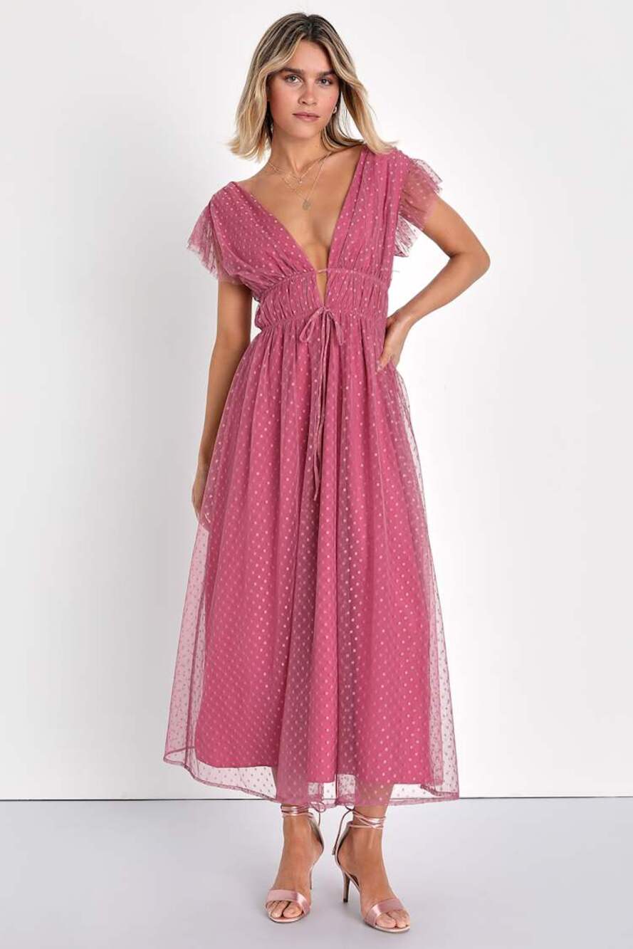 Lulus Yours Evermore Mauve Swiss Dot Romantic Ruffled Midi Dress